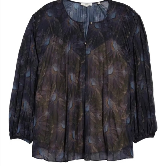 Vince Deco Floral Long Sleeve Pleated Blouse - Picture 2 of 10